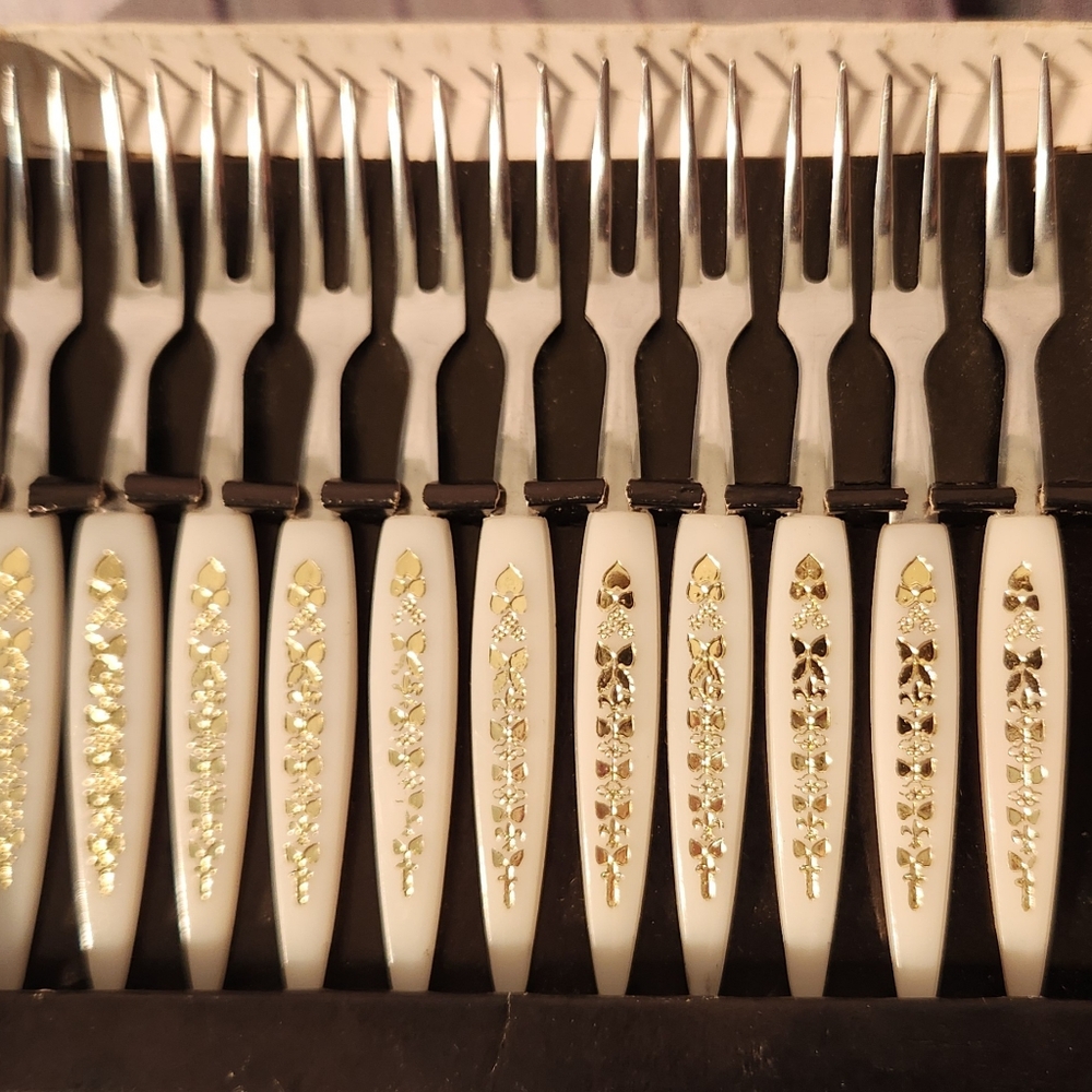 11 MCM Mini Appetizer Forks Gold Pattern Ivory Fork Set